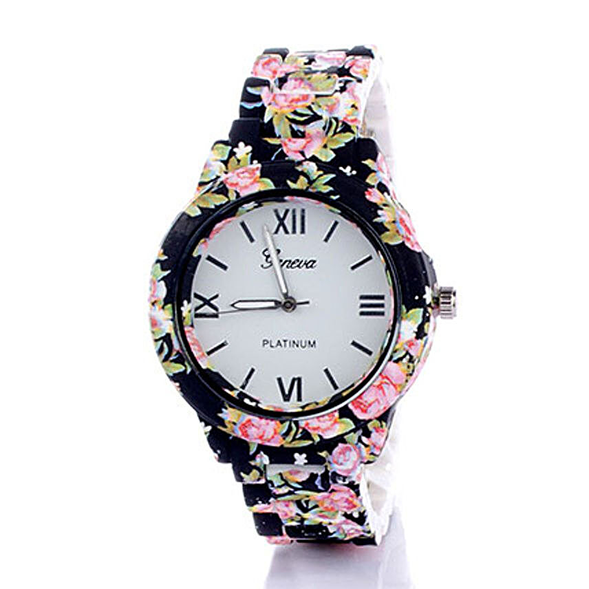 Black N Pink Floral Watch For Women