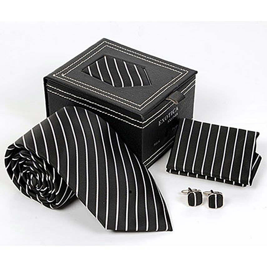Black Striped Micro Silk Tie Set