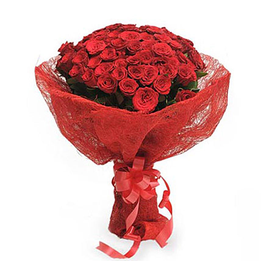 Roses in Jute Packing - Bunch of 50 red roses in red jute packing.