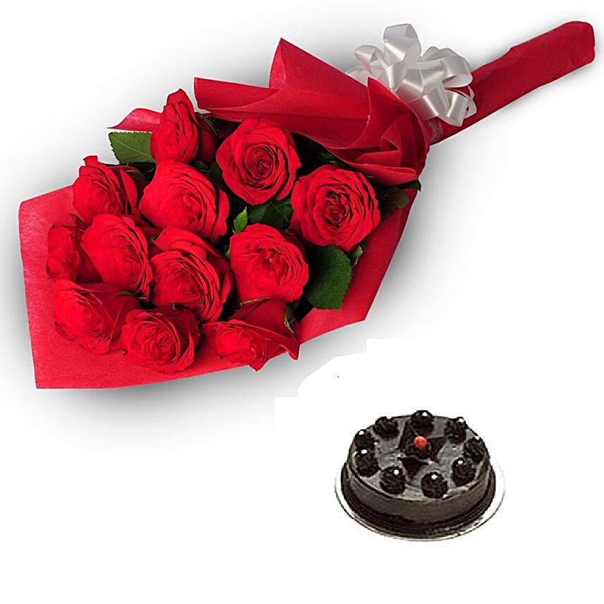 A Gracefull Gesture - One sided Bunch of 12 Red Roses in red color paper packing & 500gm Chocolate Truffle Cake.