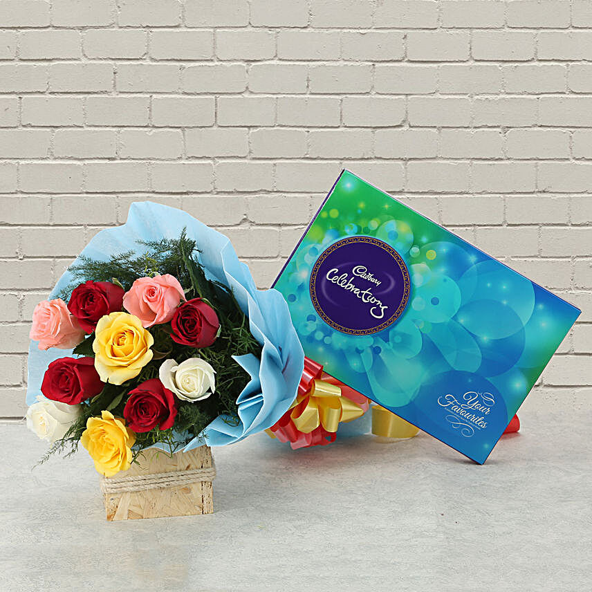 Celebrations with Roses - Bunch of 10 mix colour roses and 119 grams of cadbury celebrations.