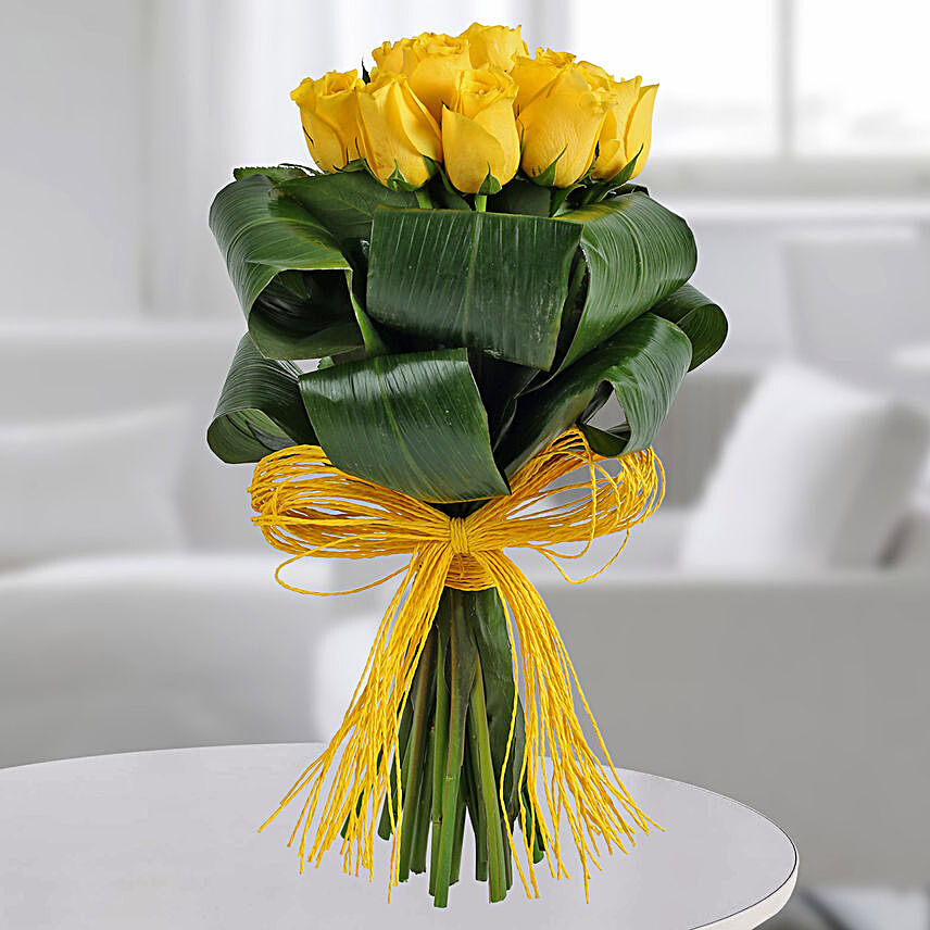 Long Stem Yellow Roses & Leaves Bouquet