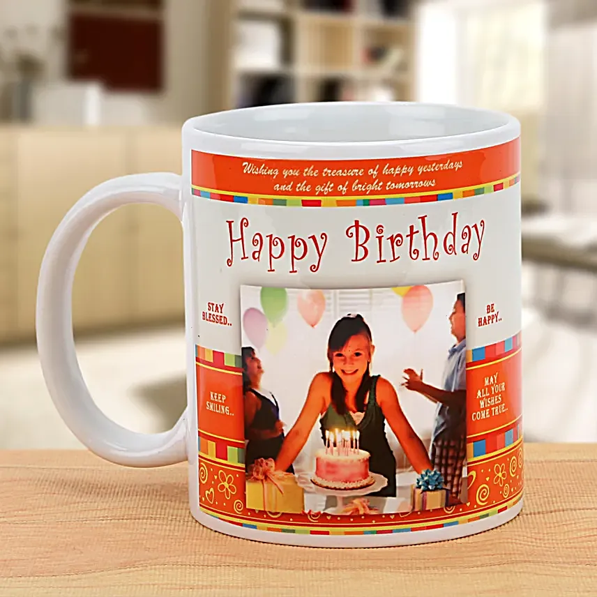 Cheers On the Birthday-Personalized Mug,White And Orange Color:Gifts to Jhalda