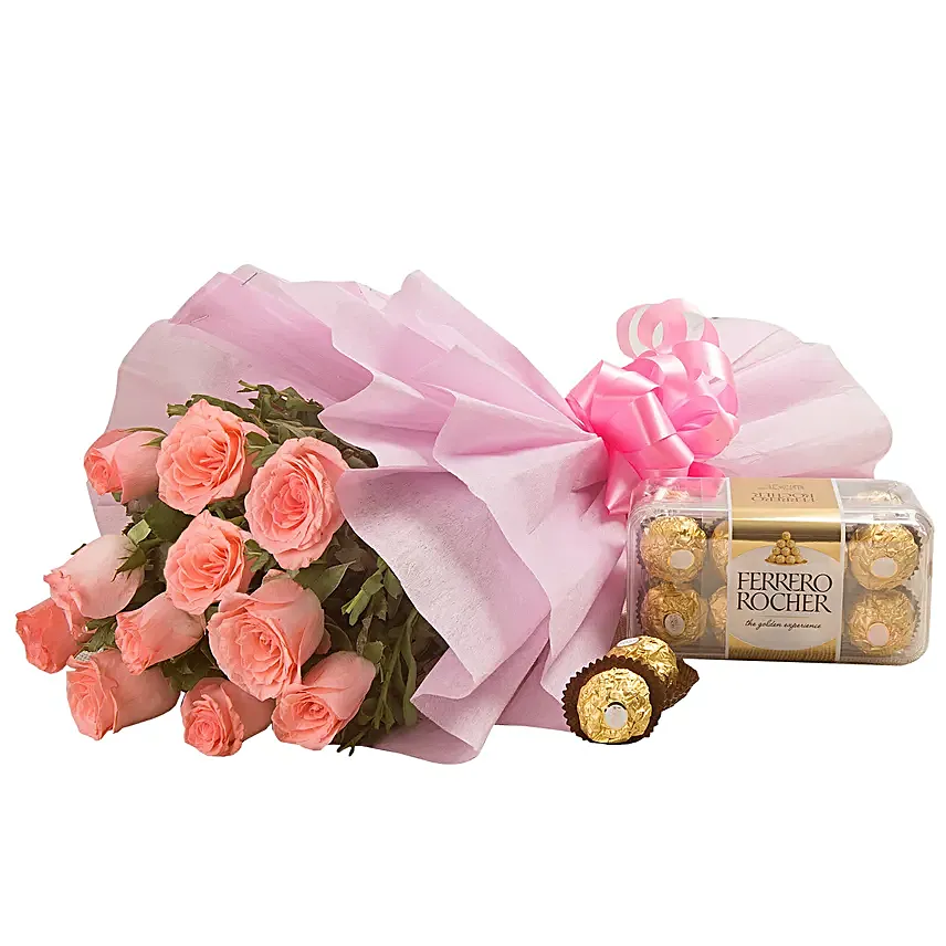 Simple Elegance - Bunch of 12 pink roses in with 200gm Ferrero rocher chocolate box.:Flowers & Chocolates for Anniversary