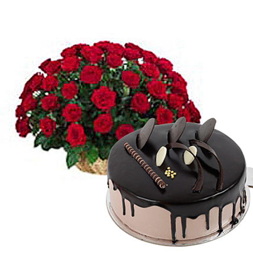 Big Love - Basket arrangement of 50 red roses with 1kg chocolate cake.:Flower Bouquet & Cakes