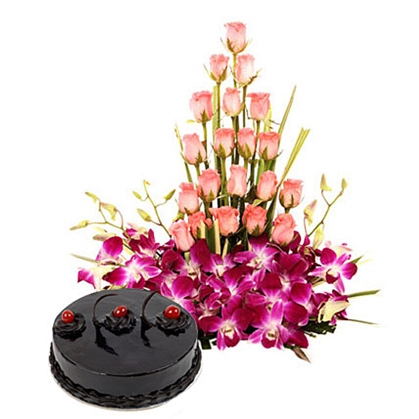 Colour N Cake - Basket arrangement of 20 pink roses with 6 purple orchids and 1 kg chocolate truffle cake.