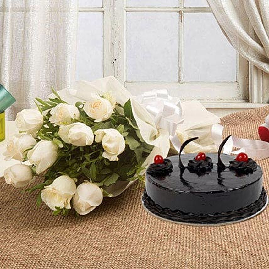 Delicious & Elegant Treat - Bunch of 10 white roses in paper packing and 500 grams of chocolate truffle cake.