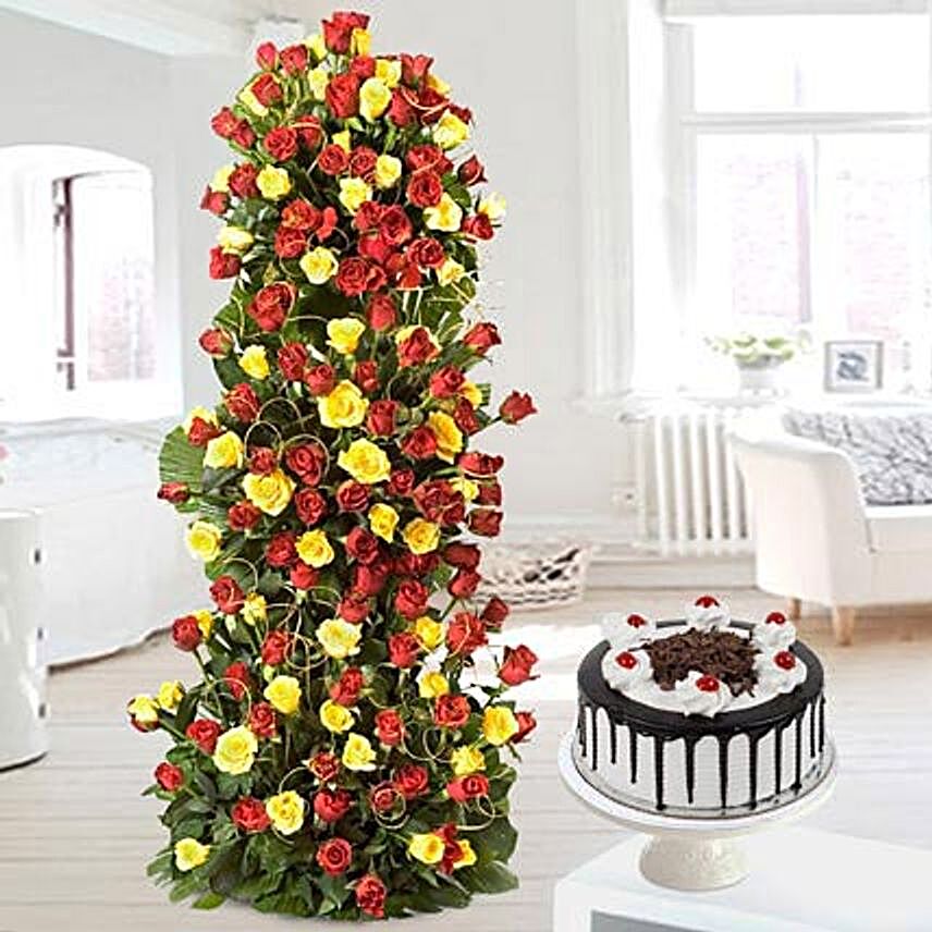 Unlimited Love - Arrangement of 100 Red N Yellow roses of 3-4 ft height with 1kg Black forest cake.