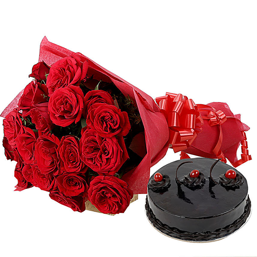 Roses N Chocolaty Love - Bunch of 25 Red Roses with 500gm Chocolate truffle Cake.