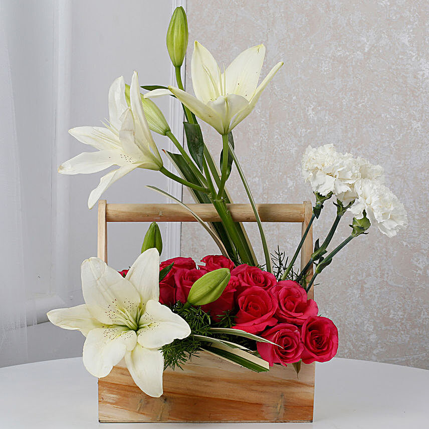 White N Pink Flowers Wooden Arrangement, Wooden Base For Flower Arrangements