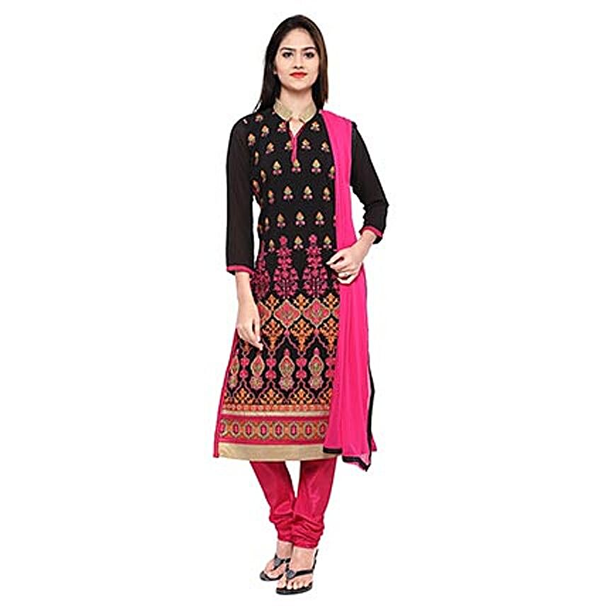 Black & Pink Georgette Embroidered Dress Material