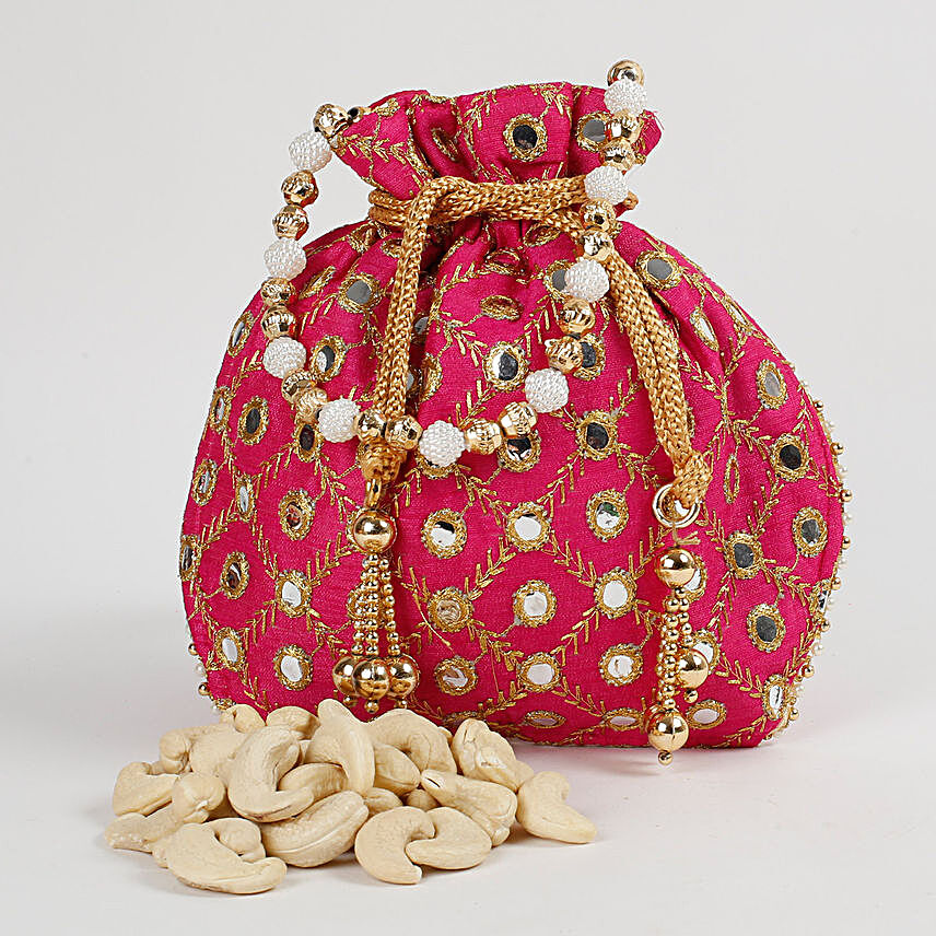 Traditional Mirror Work Pink Potli of Cashew Nuts