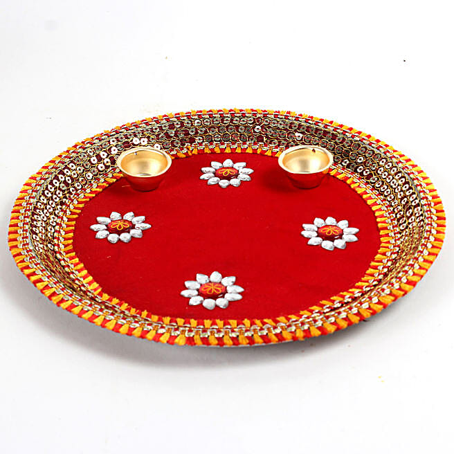 Buy/Send Decorated Red Floral Steel Thali Online FNP