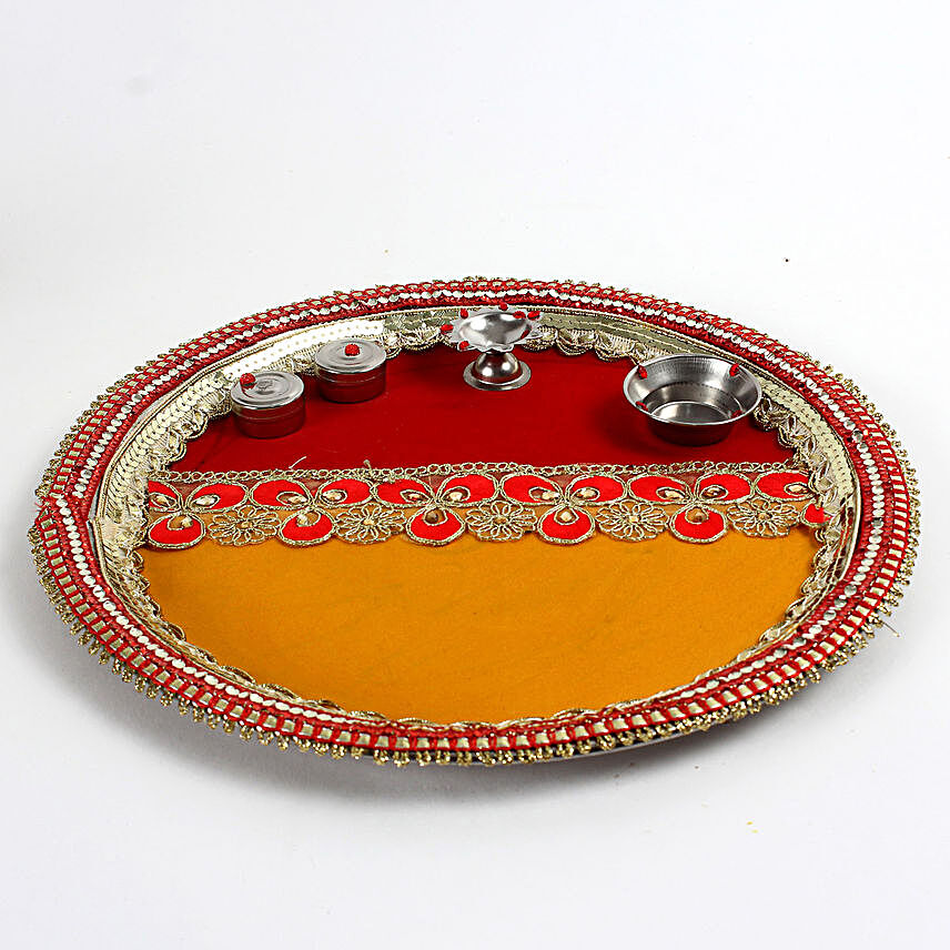 Decorated Red & Yellow Steel Pooja Thali