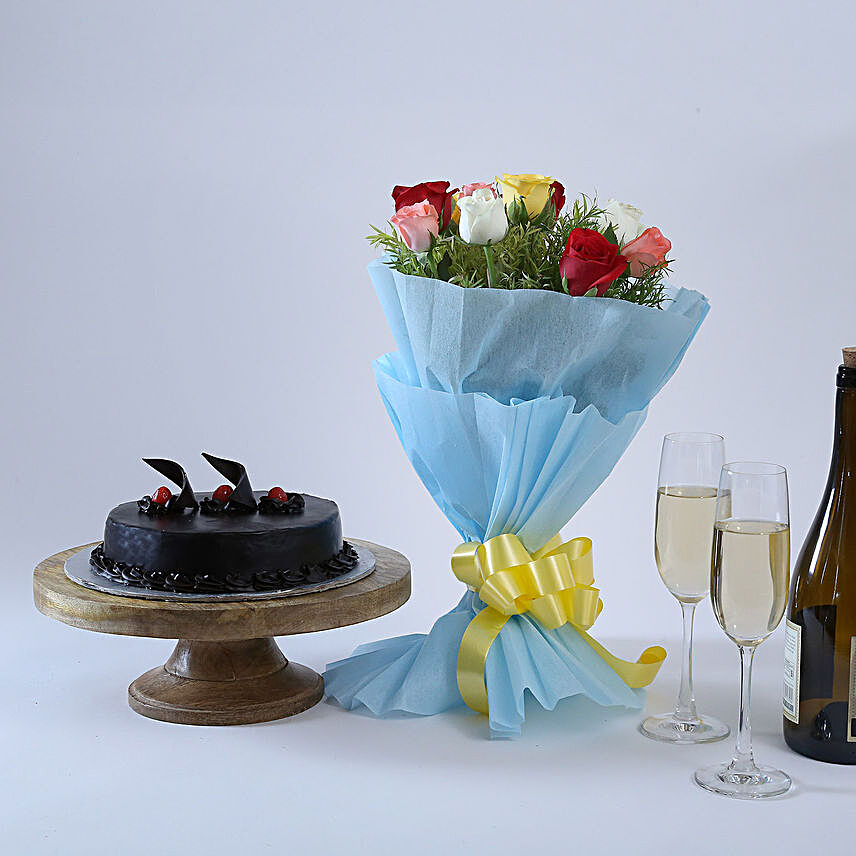 Roses - Bouquet of 10 mix colour roses and 500 grams of  truffle:Cake and Flower Delivery