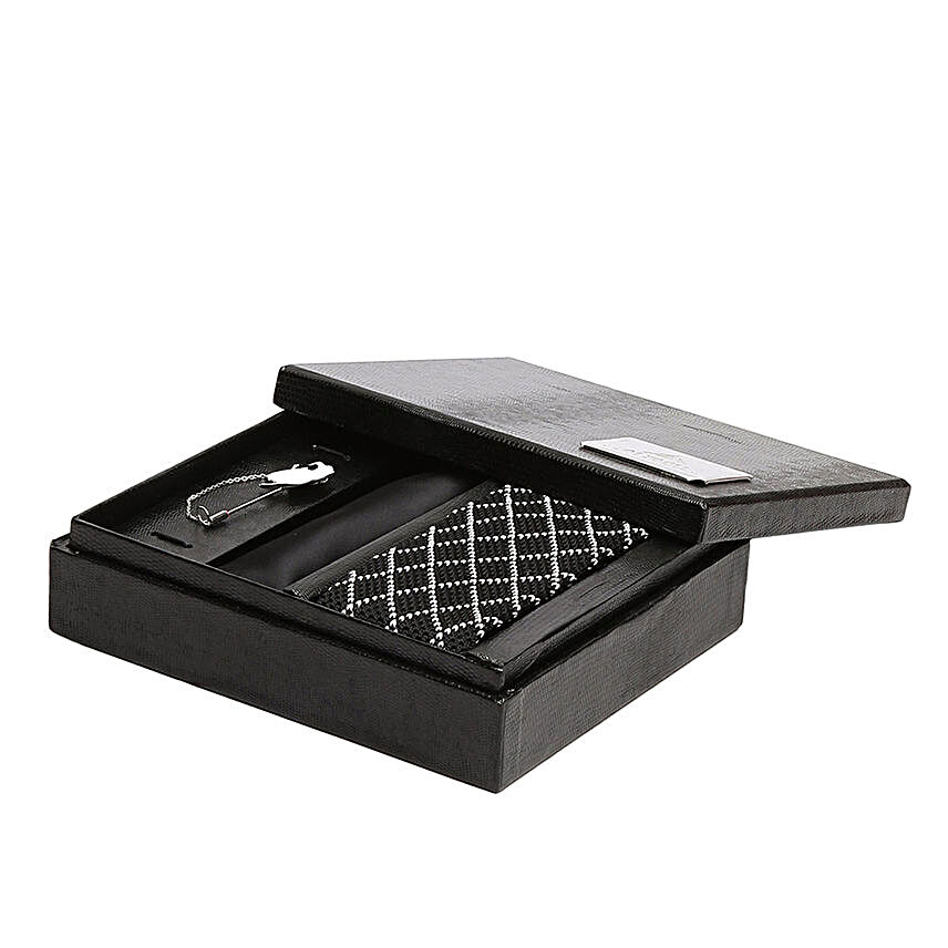 Alvaro Castagnino Black & White Necktie Pocket Square And Lapel Pin Gift Set for Men