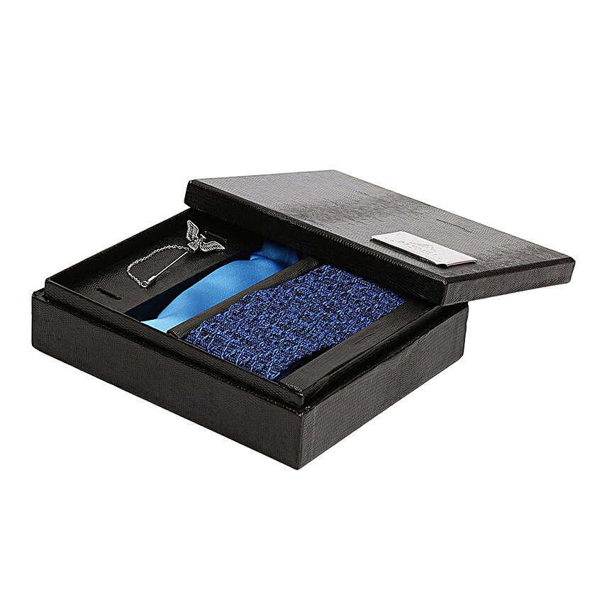 Alvaro Castagnino Blue Necktie Lapel Pin & Pocket Square Gift Set for Men