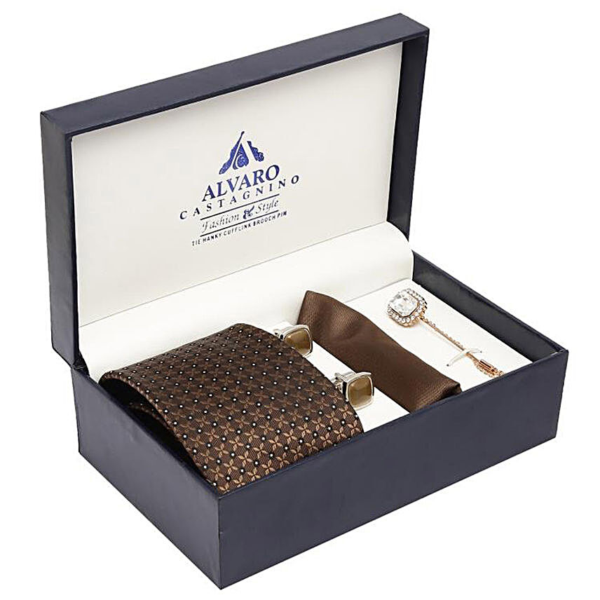 Alvaro Castagnino Brown Necktie Pocket Square Lapel Pin & Cufflinks Set for Men