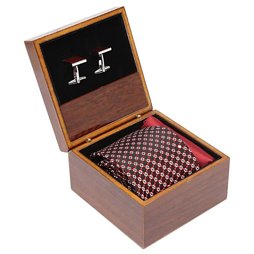 Alvaro Castagnino Maroon & White Necktie Cufflinks And Square Pocket Gift Set for Men
