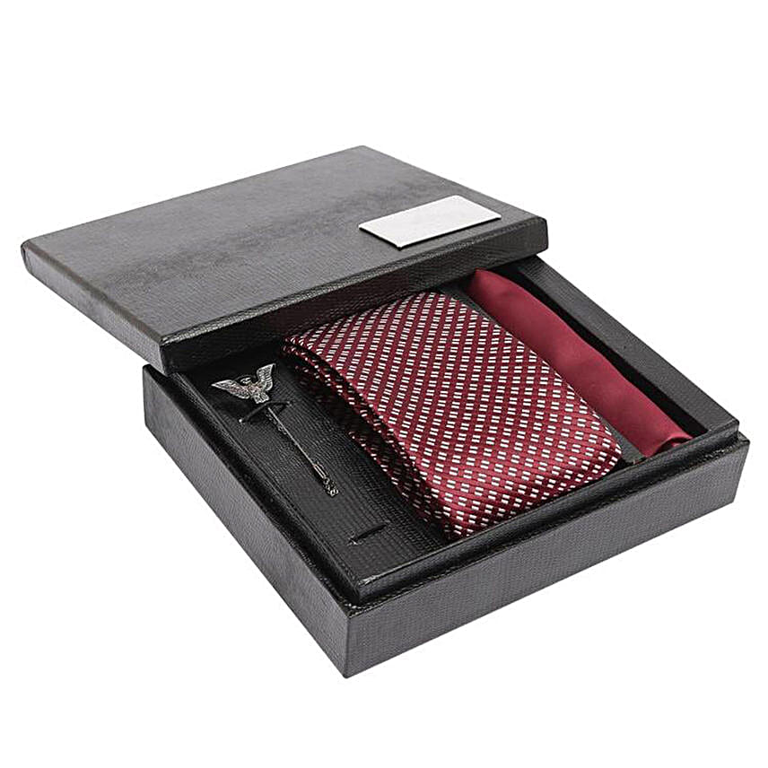 Alvaro Castagnino Maroon & White Necktie Pocket Square And Lapel Pin in Crocodile Box for Men