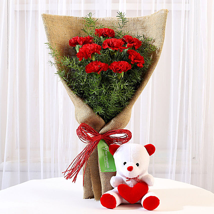 8 Red Carnations Bouquet & Teddy Bear Combo