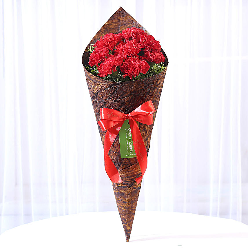 8 Red Carnations in Brown Handmade Paper:Designer Flower Bouquet