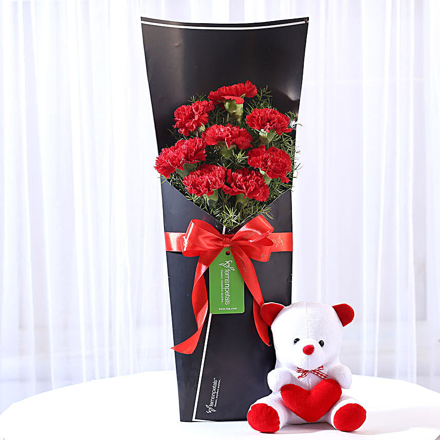 8 Red Carnations & Teddy Bear Combo