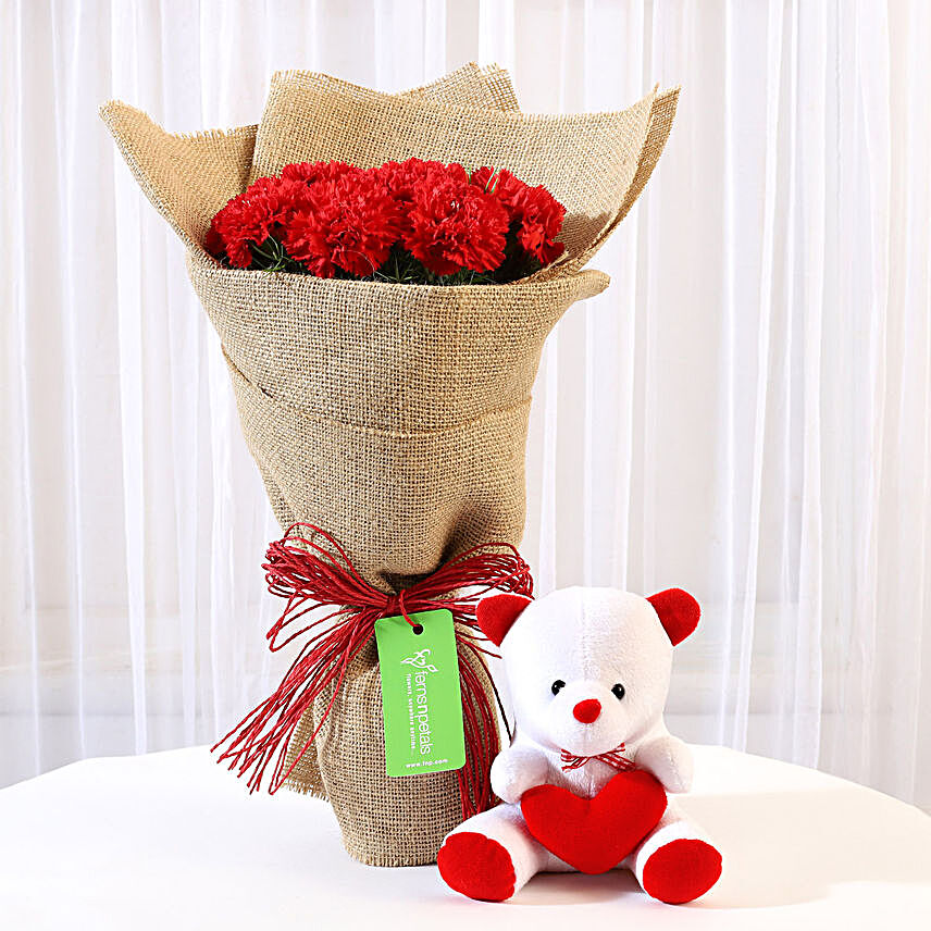 10 Red Carnations Bouquet & Teddy Bear Combo