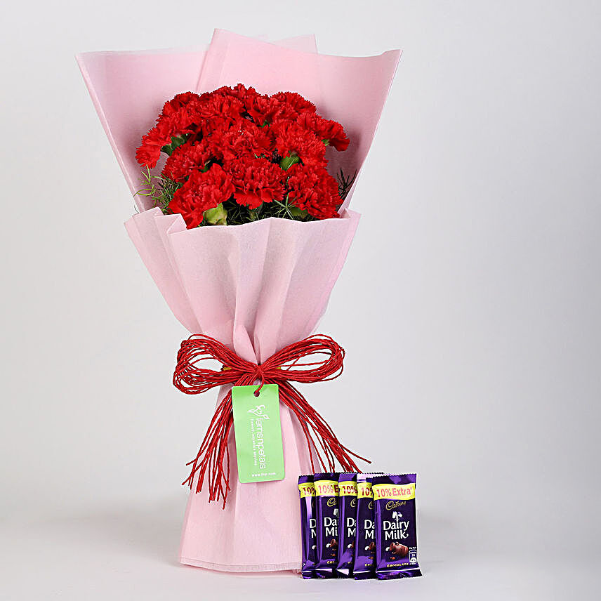 12 Beautiful Red Carnations & Cadbury Dairy Milk