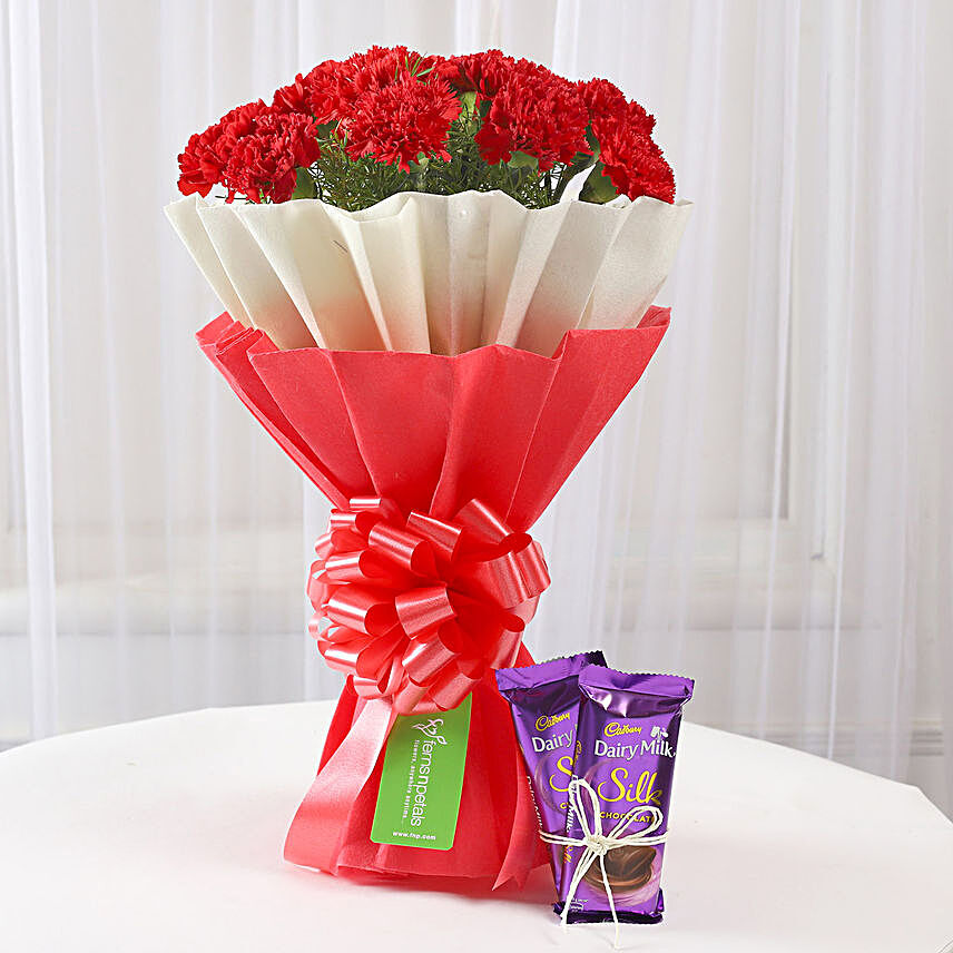 12 Red Carnations Bouquet & Dairy Milk Silk