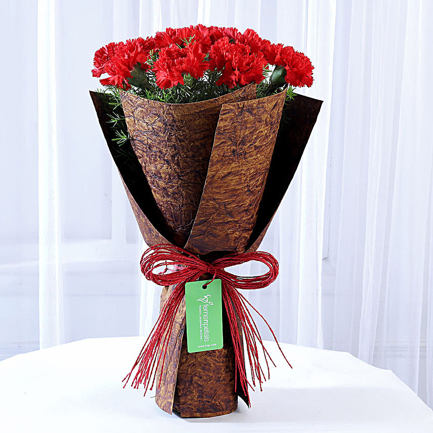 Red Raffia Tied 12 Red Carnations Bouquet