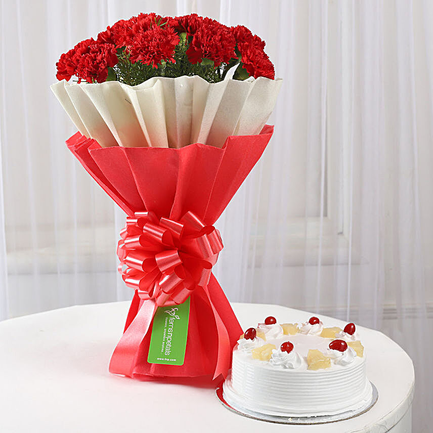 12 Red Carnations & Pineapple Cake Combo