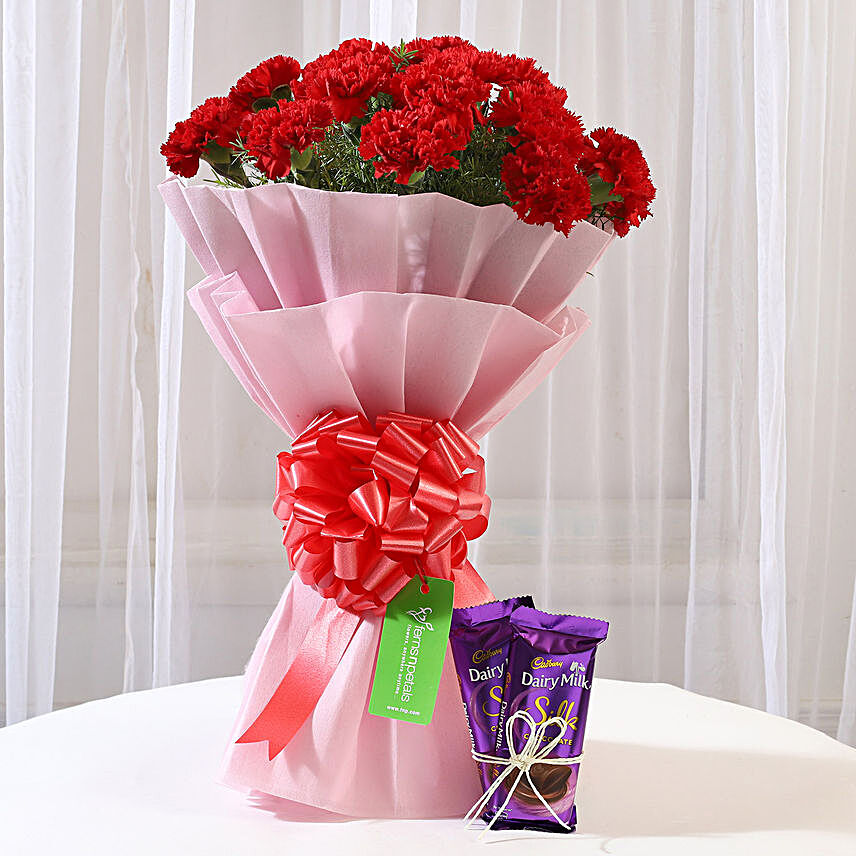 20 Beautiful Red Carnations & Cadbury Dairy Milk