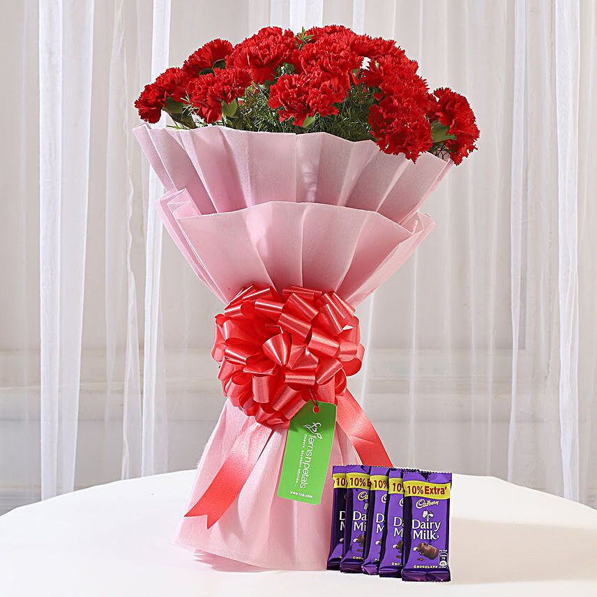 20 Beautiful Red Carnations & Dairy Milk Chocolate
