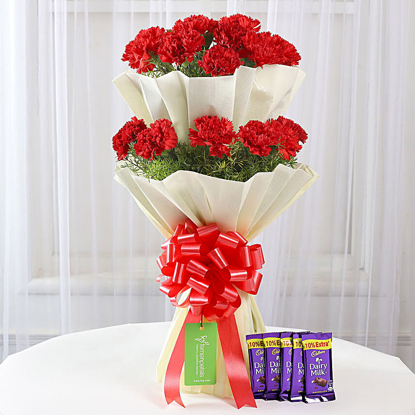 20 Red Carnations Bouquet & Cadbury Dairy Milk