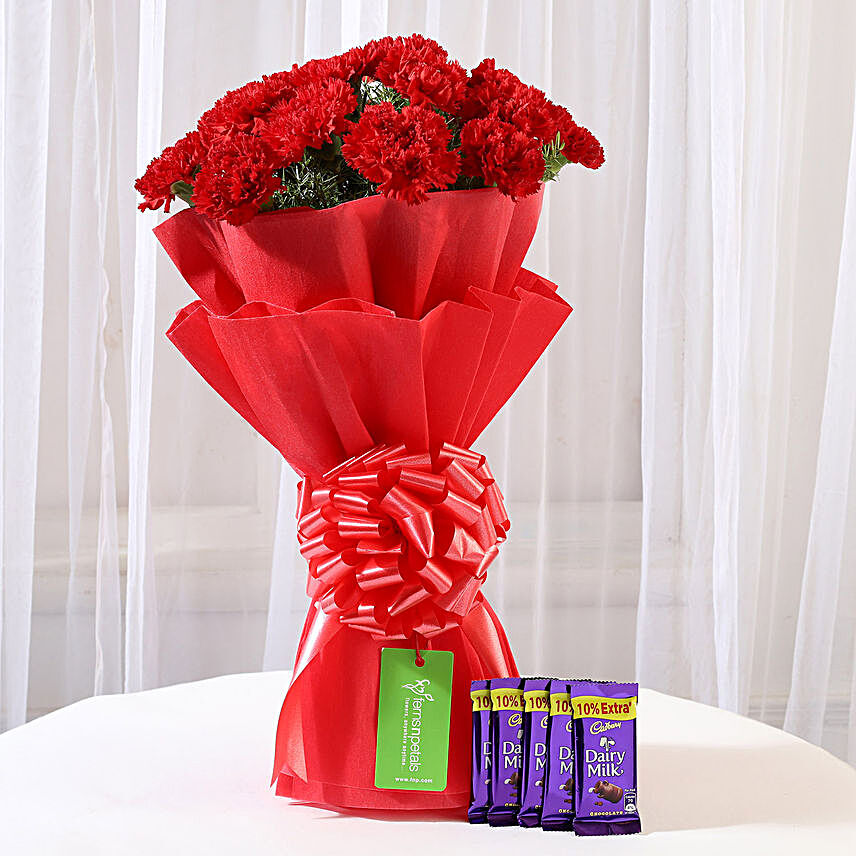 20 Vibrant Red Carnations & Dairy Milk Chocolate
