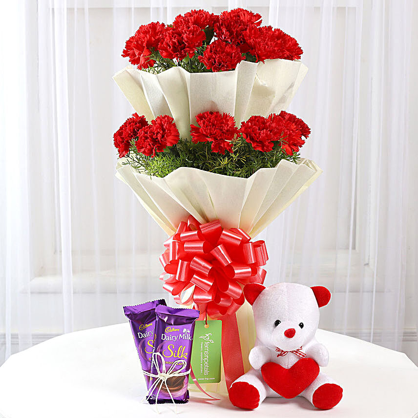 Red Carnations with Dairy Milk Silk & Teddy Bear