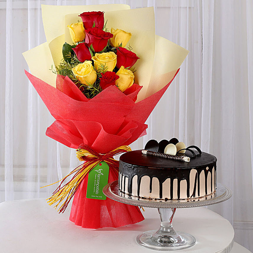 Red & Yellow Roses with Chocolate Cake