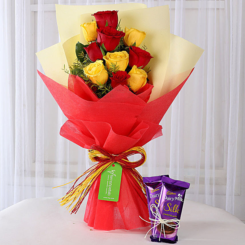 Red & Yellow Roses with Dairy Milk Silk