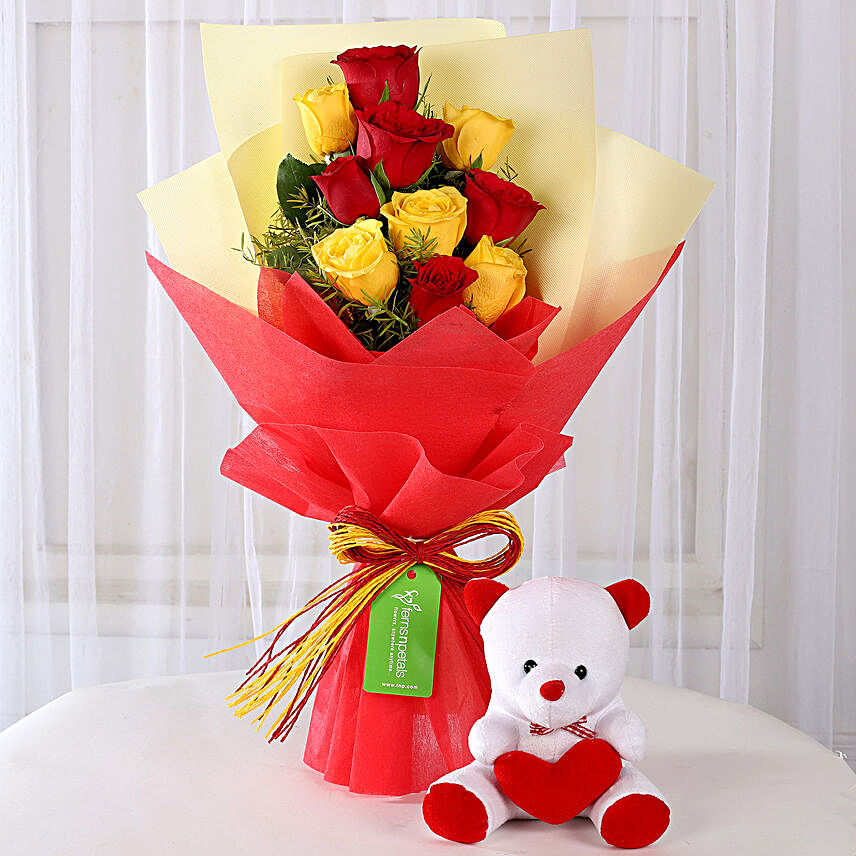 Teddy Bear with Red & Yellow Roses