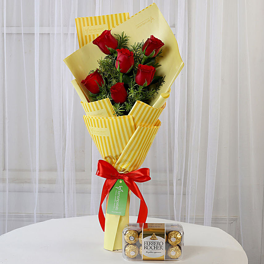 6 Red Roses Bouquet & Ferrero Rocher Box