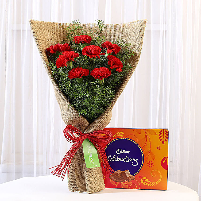 8 Red Carnations & Celebrations Box