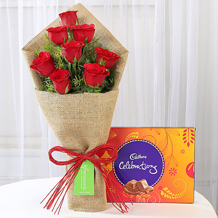 8 Red Roses Bouquet & Cadbury Celebrations