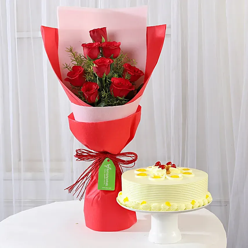 Red Roses Bouquet With Cake Online:Flower Bouquet & Cakes
