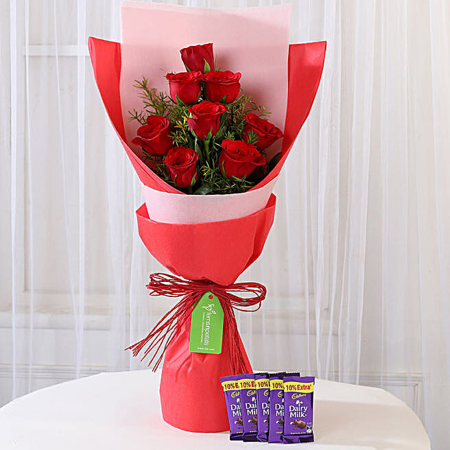 Buy/Send 8 Red Roses with Dairy Milk Combo Online FNP