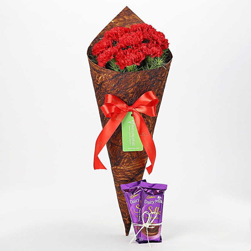 8 Vibrant Red Carnations & Dairy Milk Silk Combo
