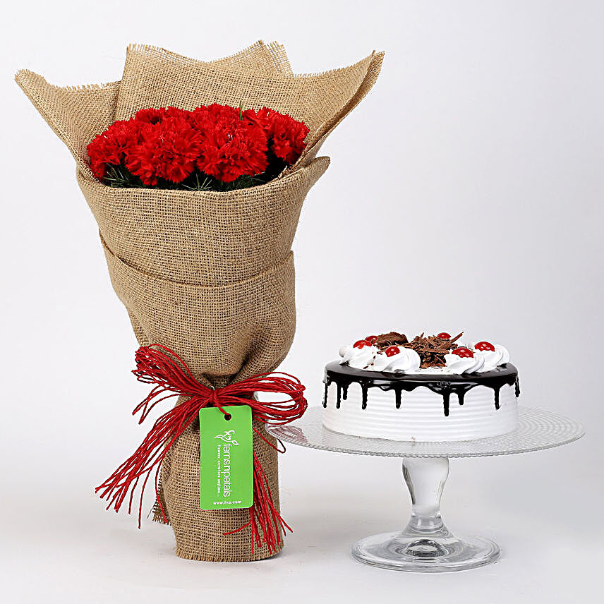 10 Red Carnations & Black Forest Cake