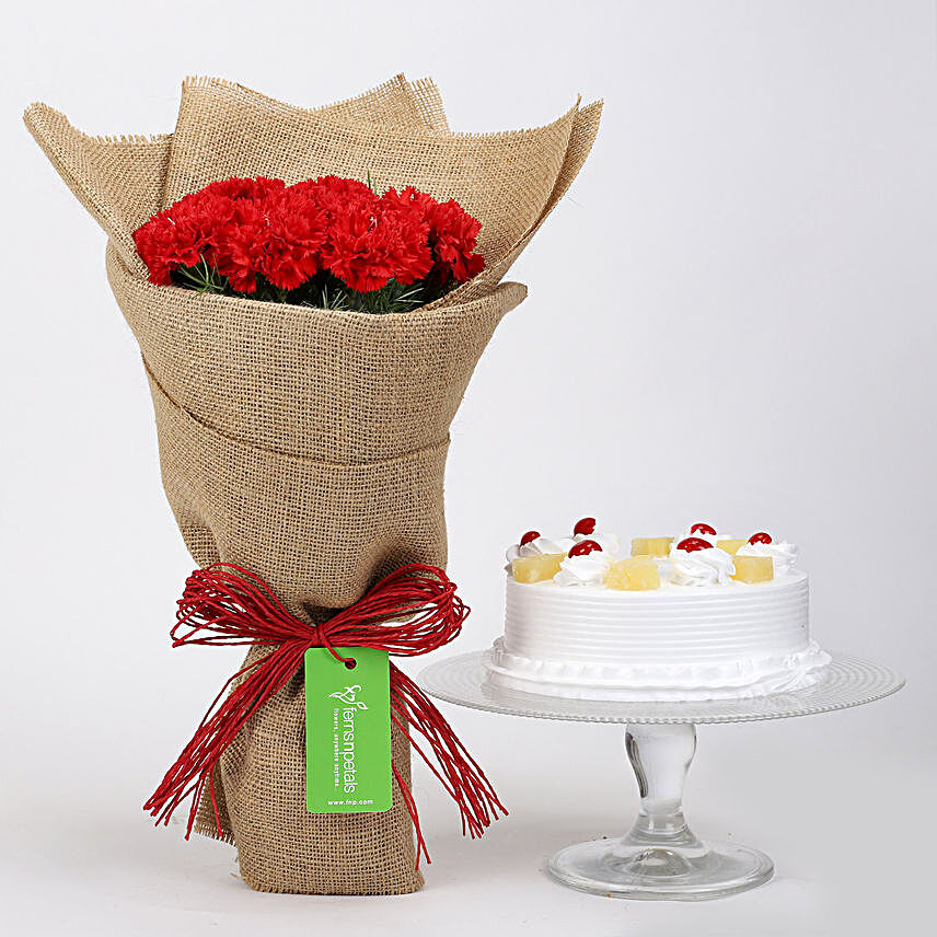 10 Red Carnations & Pineapple Cake