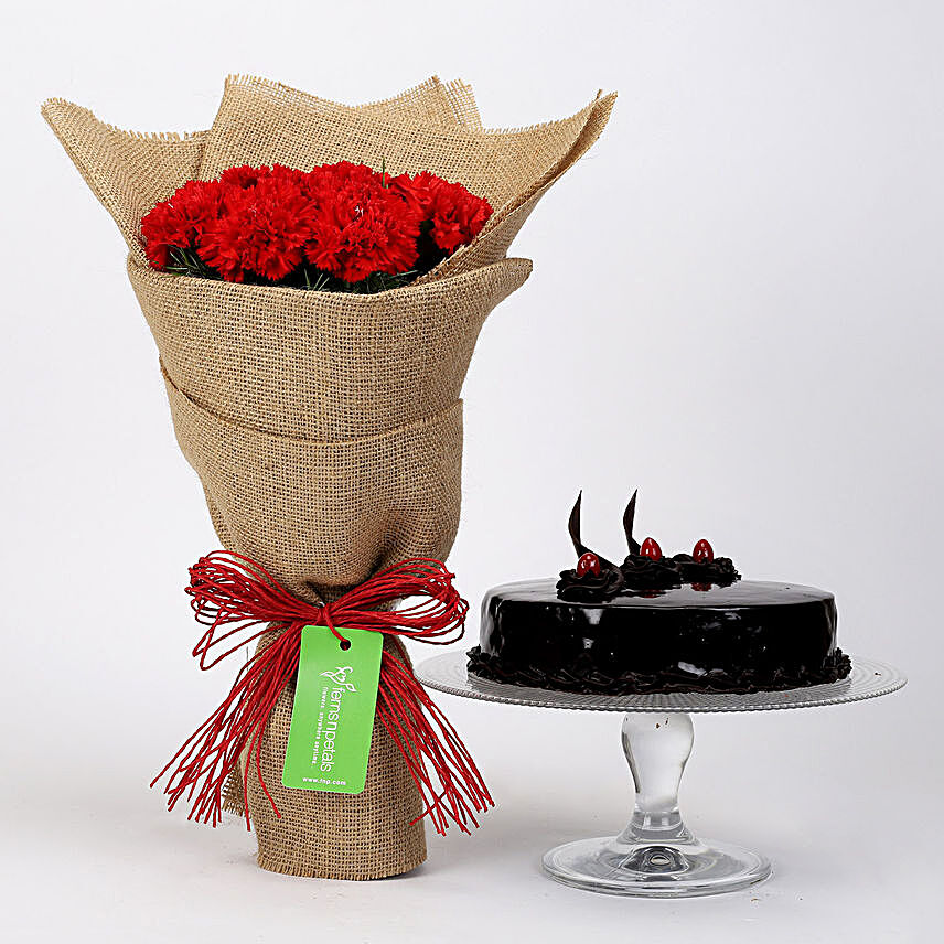10 Red Carnations & Truffle Cake