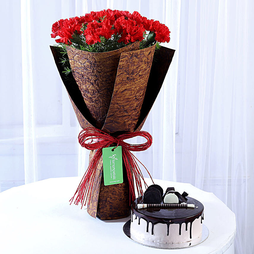 12 Beautiful Red Carnations & Chocolate Cake